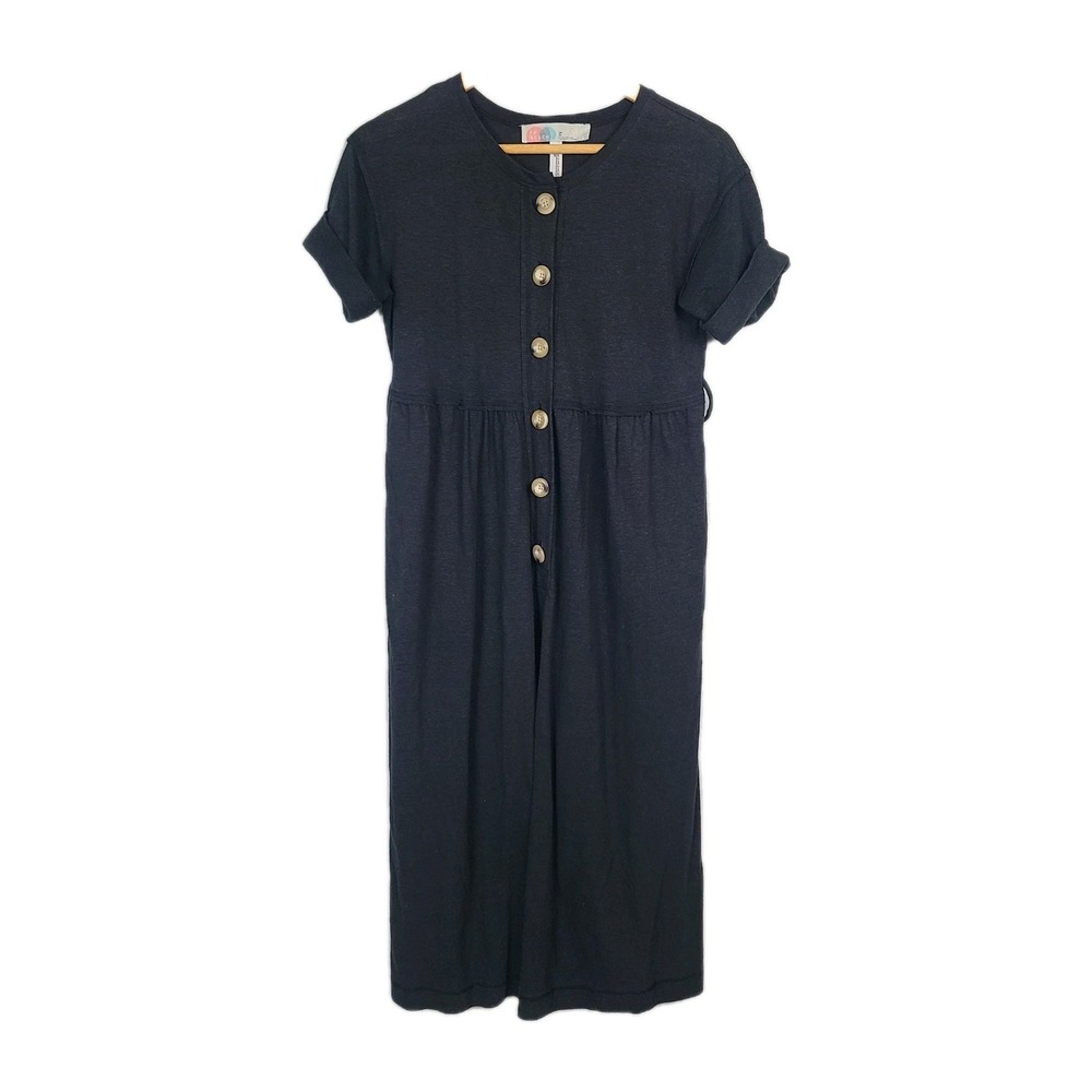 Free People Lighthouse Crop Jumpsuit Black Linen Blend Knit Wide Leg Buttons‎ S